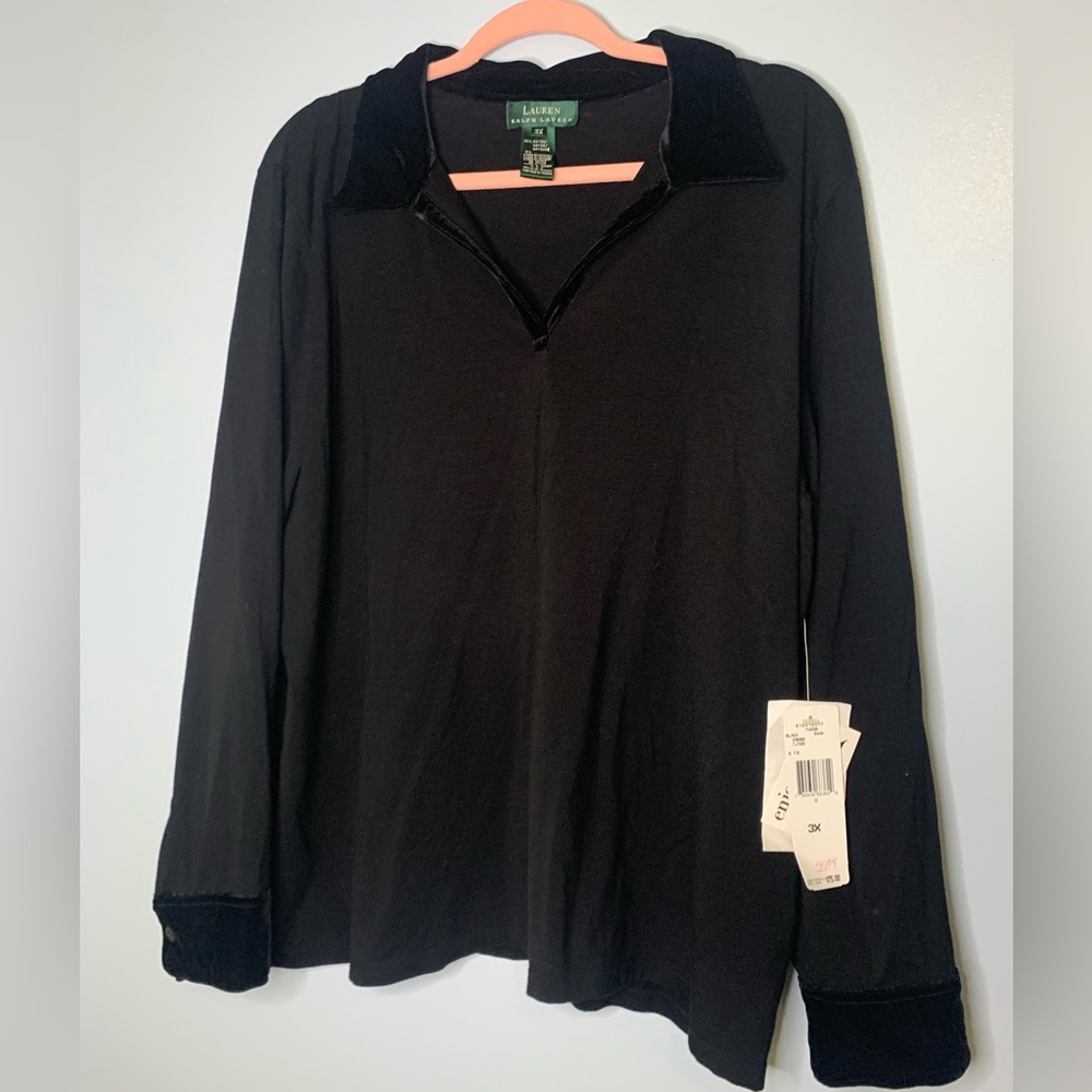 RALPH LAUREN Knit Top With Velvet Collar And Cuffs Black Classic 3x New